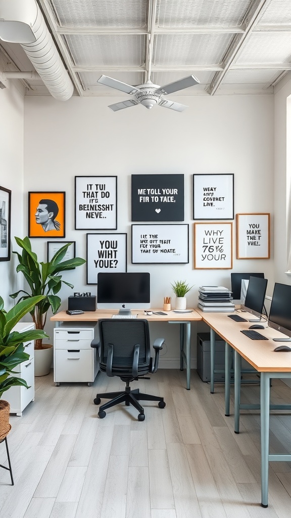 A modern workspace featuring a wall of framed art, including quotes and illustrations, with a desk and plants.