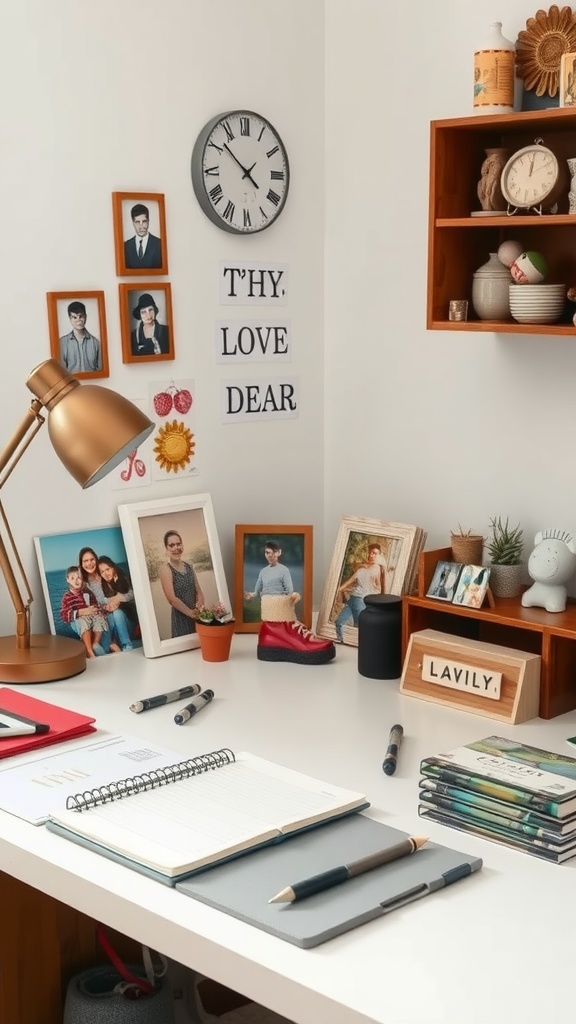 A personalized desk with photos, a clock, and decorative items.