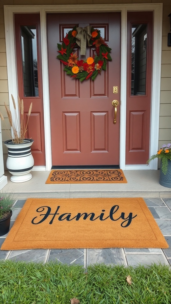 A personalized doormat displaying the word 'Hamily' by a front door with a wreath and decorative elements.