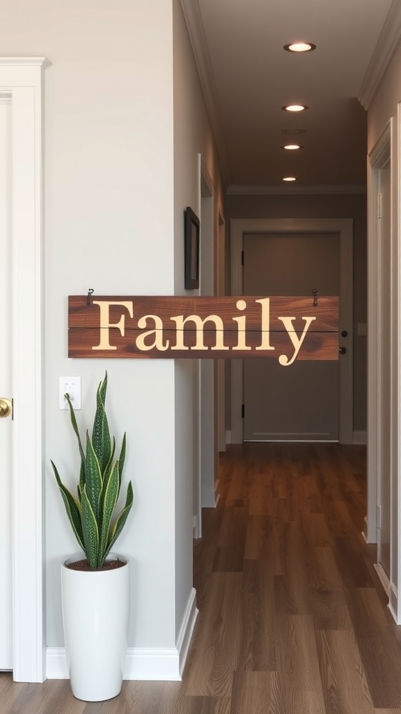 A wooden sign that says 'Family' displayed in a home hallway