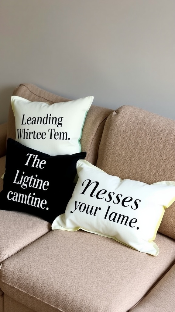 Three personalized throw pillows with unique phrases displayed on a couch.