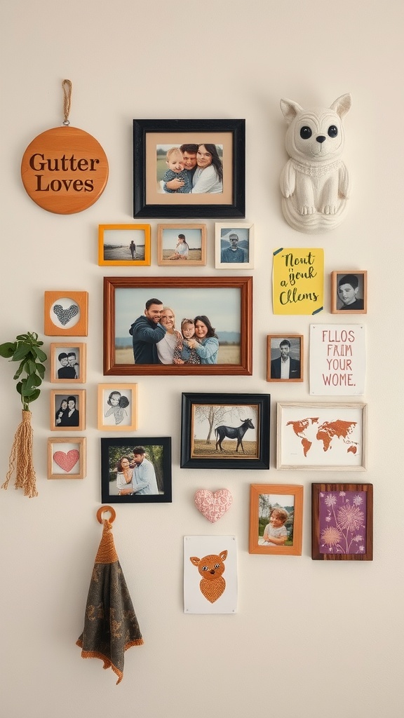 A cozy wall decor display with framed family photos, a wooden sign, and decorative elements.