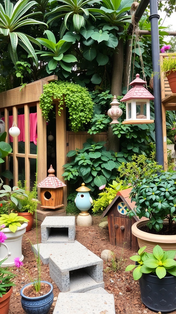 A charming garden scene featuring colorful birdhouses, hanging lanterns, and a path made of blocks surrounded by various plants in pots.