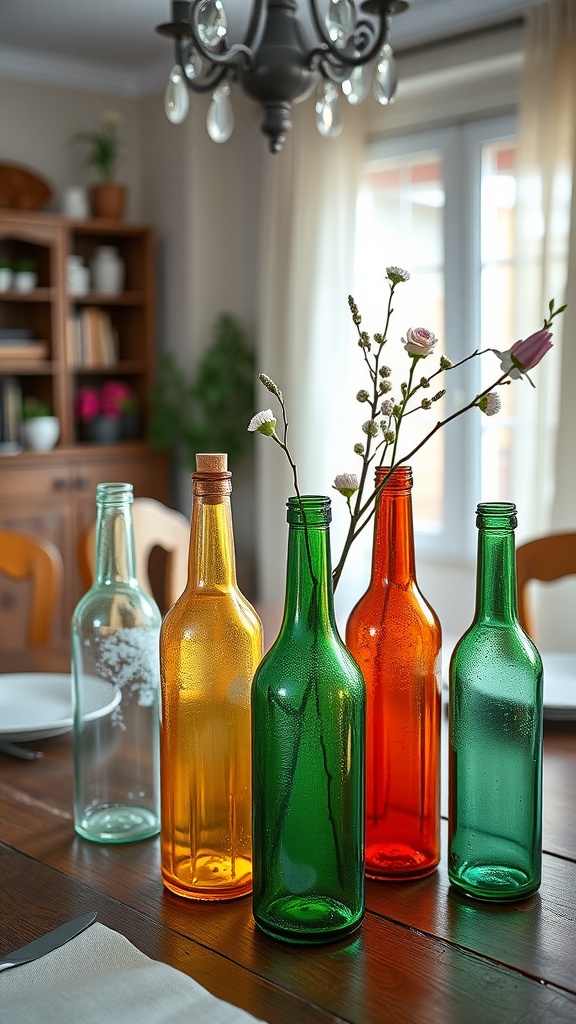 Colorful recycled glass bottles used as vases on a wooden table