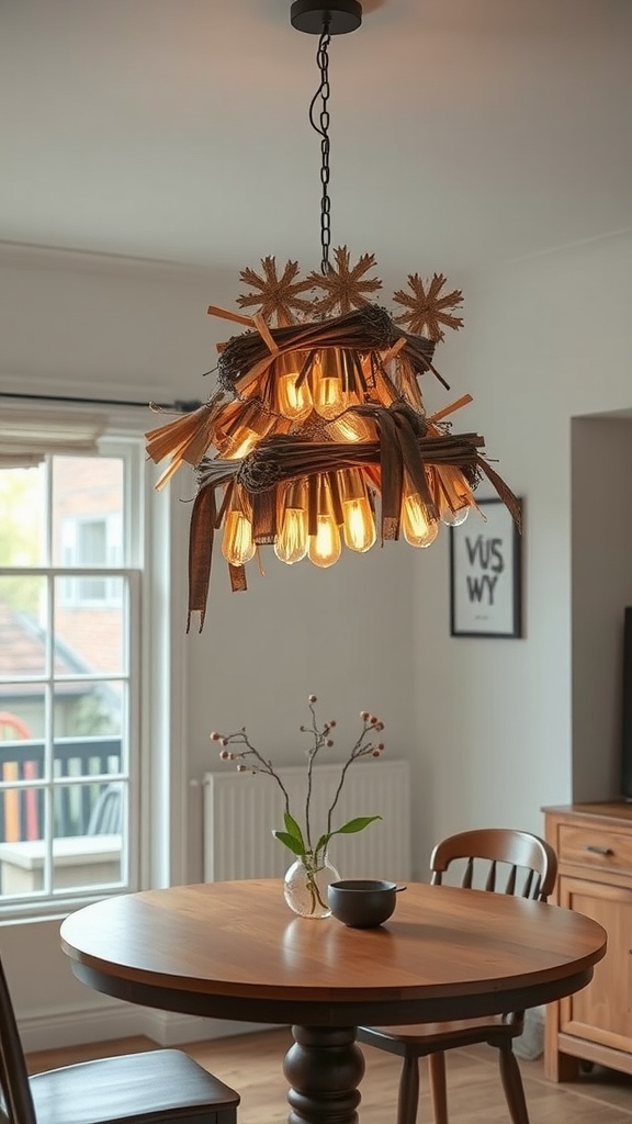 A rustic chandelier made from twigs and wood, illuminating a dining area with a warm glow.