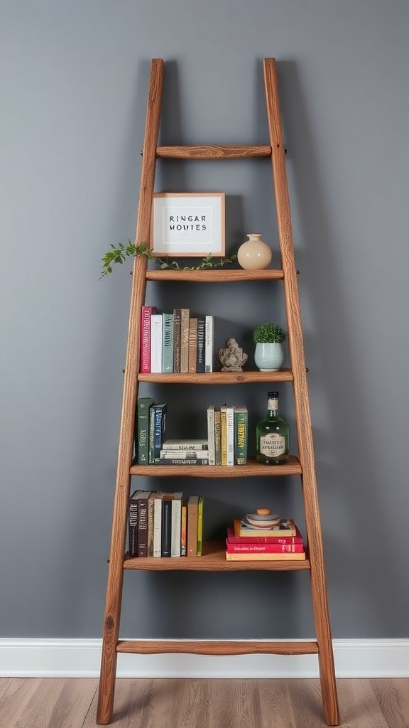 A wooden ladder shelf displaying books and decorative items against a gray wall.