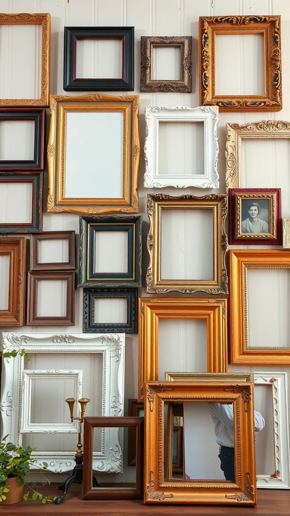 A collection of various repurposed picture frames on a wall