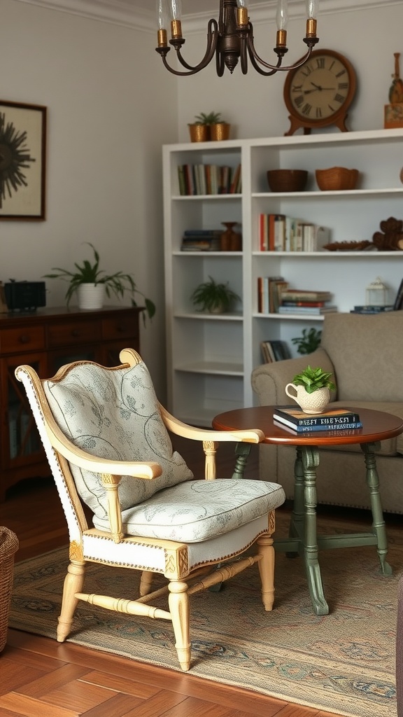 A vintage chair with floral upholstery and a green side table in a cozy living room setting.