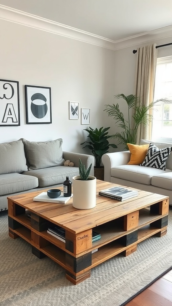 Living room featuring a coffee table made from repurposed wooden pallets with plants and decor.