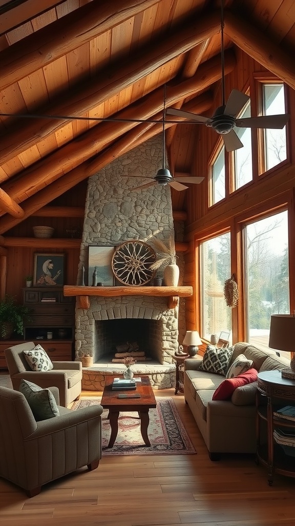 Interior of a rustic cabin with wooden beams, stone fireplace, and cozy furniture.