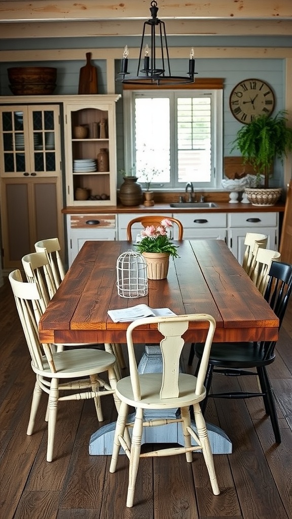 A rustic wooden dining table surrounded by eclectic chairs in a cozy cottage-style kitchen.