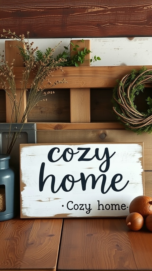 A rustic wooden sign that says 'cozy home' placed on a wooden table with decorative elements around it.