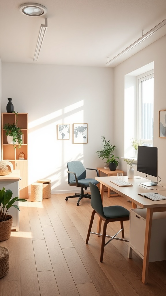 A bright Scandinavian-inspired office with minimalist furniture, natural light, and indoor plants.