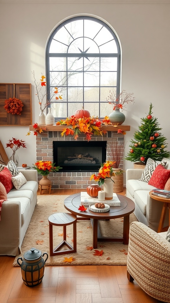 Cozy living room decorated for autumn with leaves, a pumpkin, and warm colors.