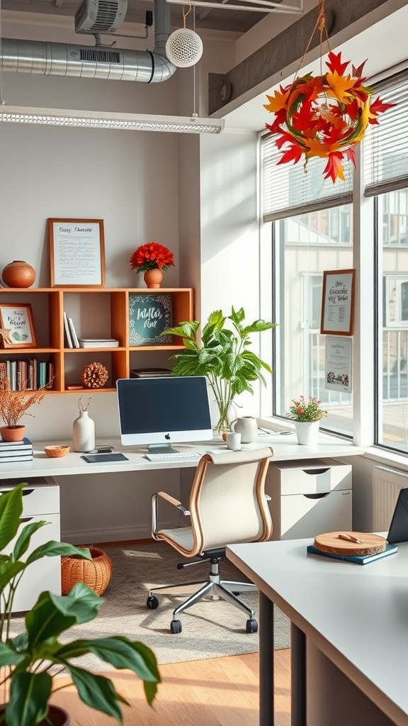 A stylish office space decorated for autumn with a leaf wreath, plants, and warm accents.