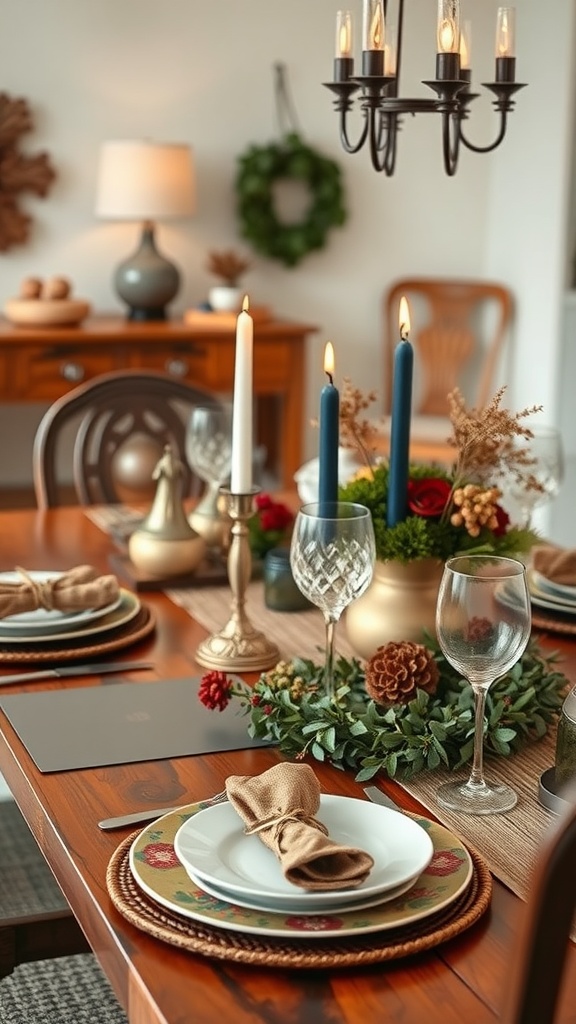 A beautifully arranged seasonal table setting with candles, greenery, and colorful tableware.