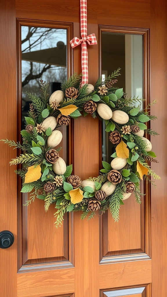 A seasonal wreath made with pine cones, leaves, and greenery, hanging on a wooden door with a checkered ribbon.