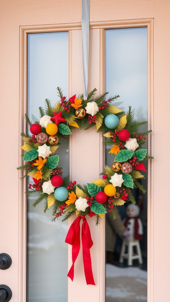 A colorful seasonal wreath with ornaments and leaves hanging on a door