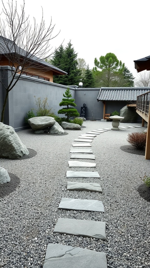 A tranquil Zen garden featuring stone pathways, gravel, rocks, and a small tree, creating a peaceful outdoor atmosphere.