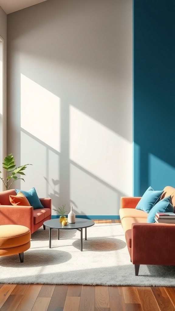 A living room featuring a blue accent wall, orange furniture, and a round coffee table.