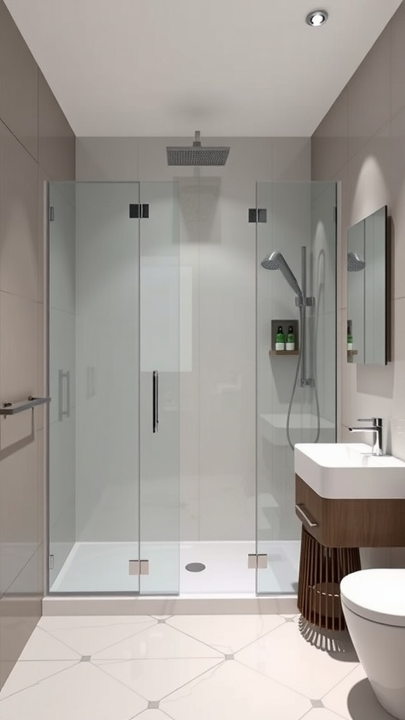 A sleek contemporary bathroom featuring a glass shower, wooden vanity, and neutral tiles.