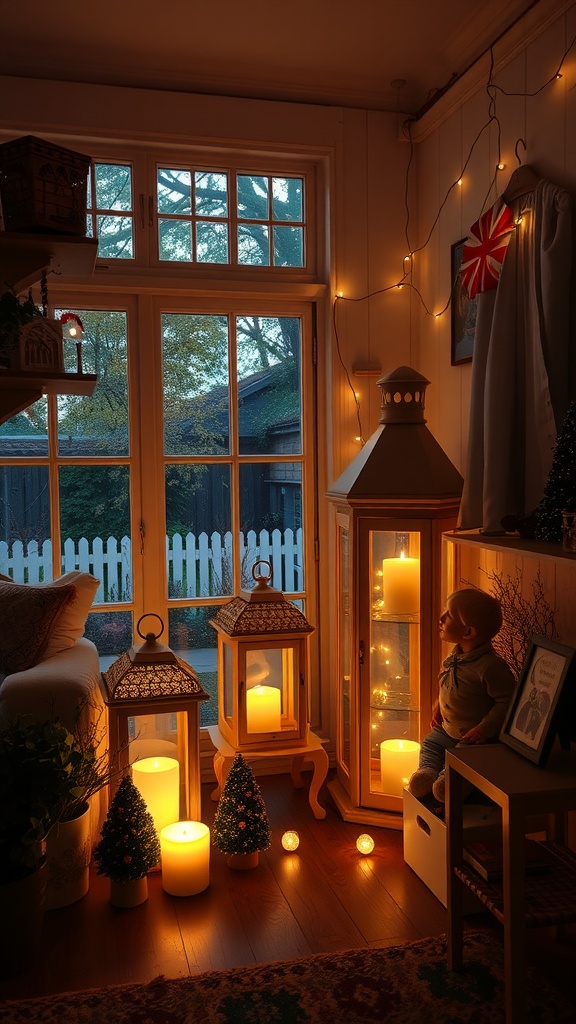 A cozy room with soft lighting from lanterns and candles, featuring a child sitting near the lighted decor.