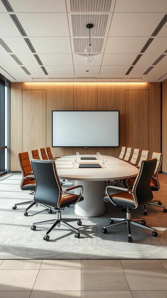 Sophisticated conference room featuring a round table, comfortable chairs, and modern design elements.