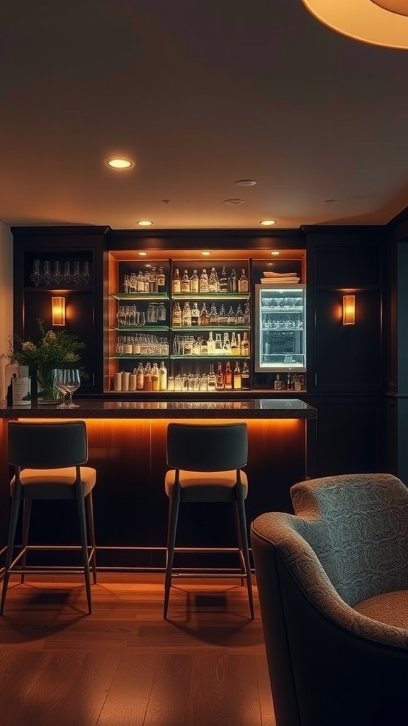 A sophisticated home bar with illuminated shelves, dark cabinetry, and elegant bar stools.