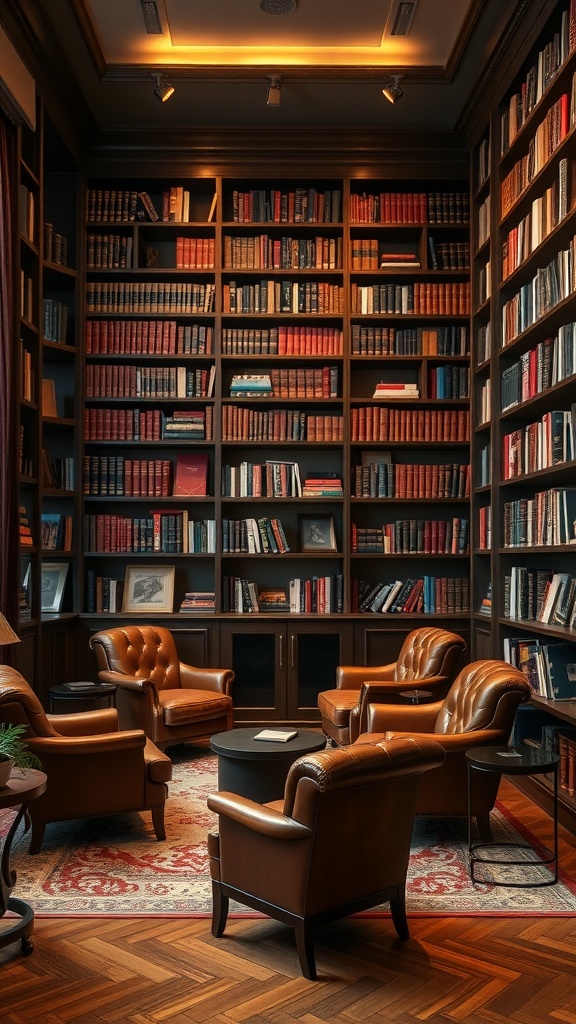 An elegant home library featuring dark wood bookshelves filled with books, plush leather chairs, and soft lighting.