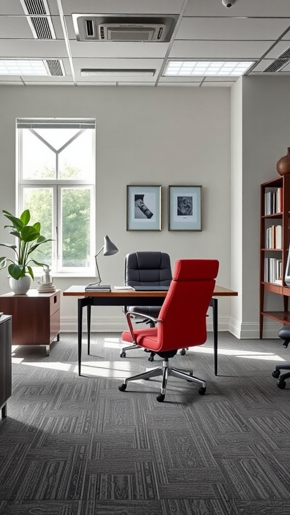 An office with a red chair, wooden desk, and modern decor.