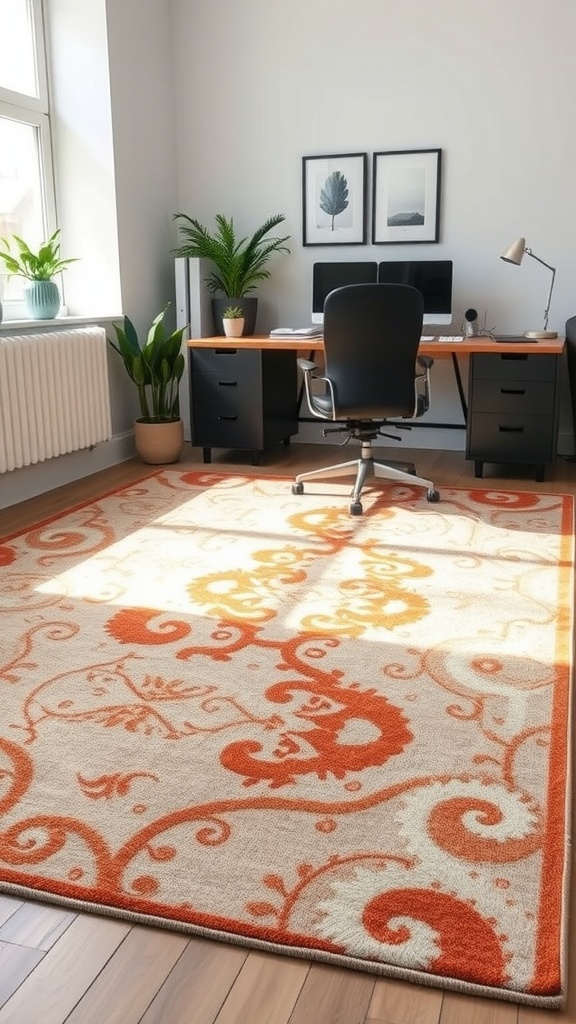 A stylish office space with a decorative area rug featuring an orange pattern on a beige background.