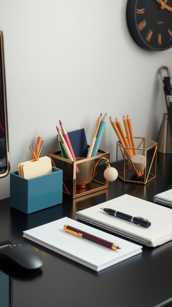 A stylish office desk setup with colorful pens, notebooks, and organized accessories