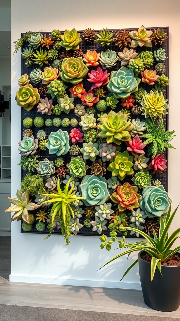 A colorful succulent wall planter filled with various types of succulents arranged in a grid pattern.