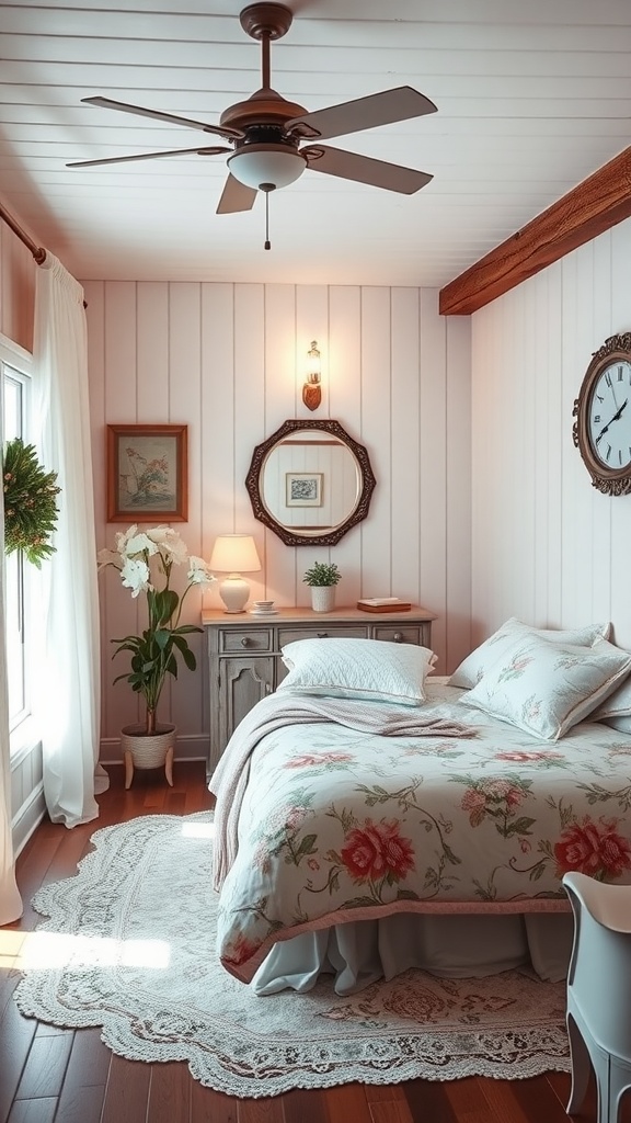 A cozy cottage bedroom featuring floral bedding, lace rug, natural light, and charming decor.