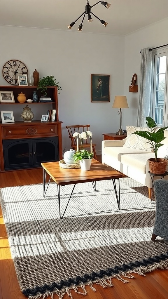 Cozy living room featuring a textured rug on wooden floor with natural light