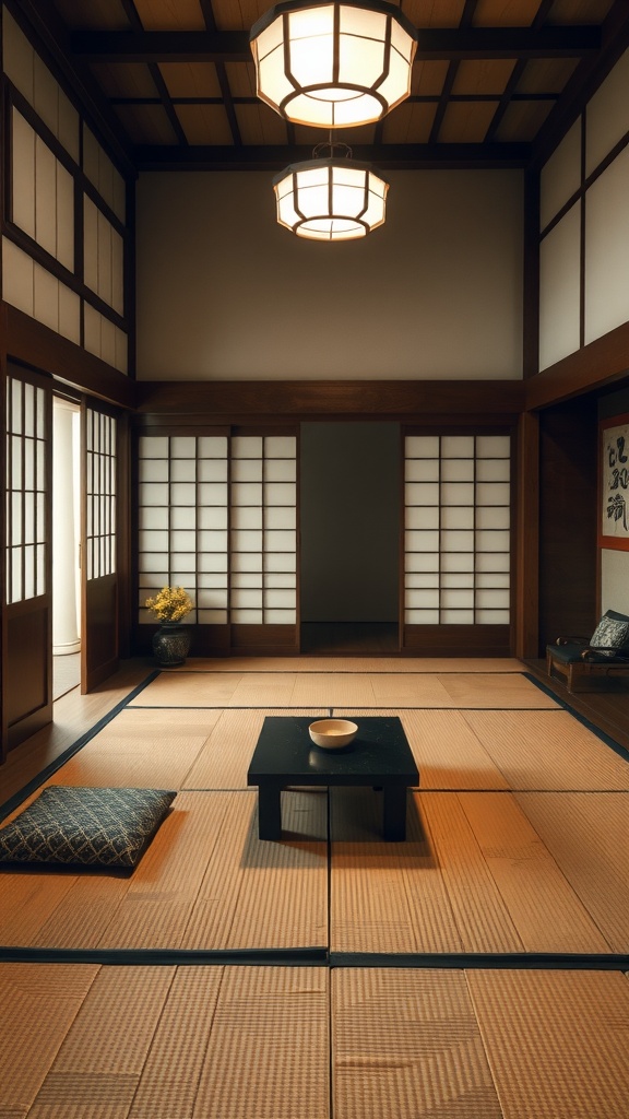 A traditional Japanese tea room featuring tatami mats, shoji screens, and a low black table with a bowl, surrounded by cushions.