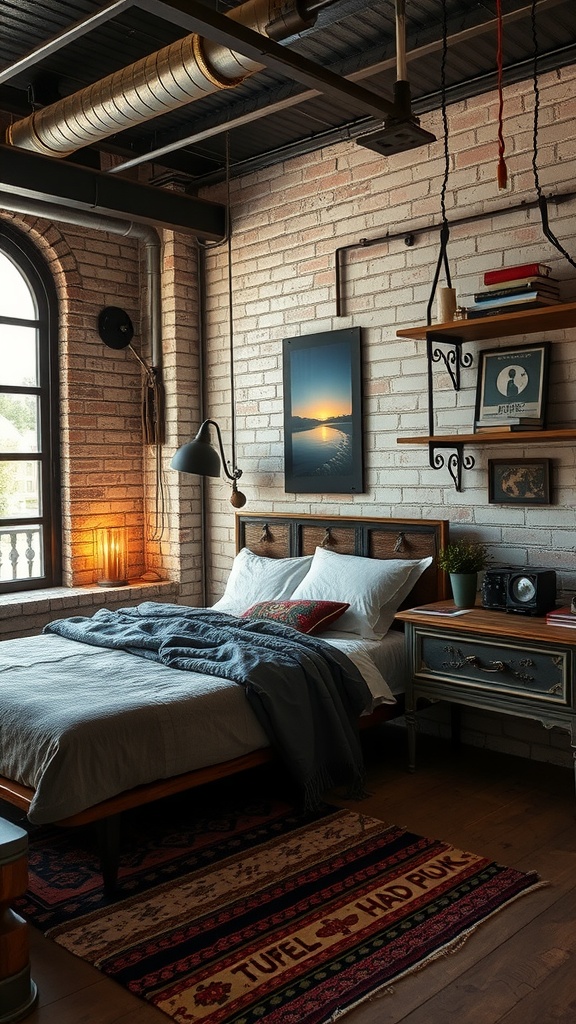 An industrial-style bedroom featuring exposed brick walls, a cozy bed with textured blankets, and warm lighting.