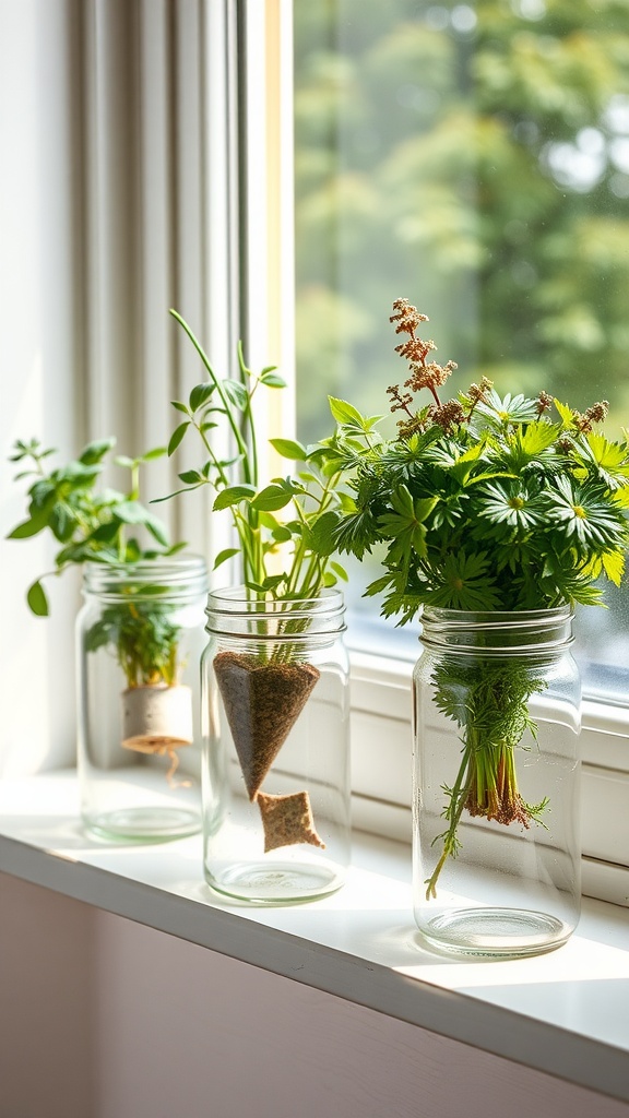 Three glass jars on a windowsill containing plants, showcasing an upcycled home decor idea.