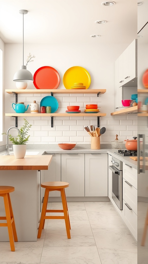 A bright and colorful kitchen featuring shelves with vibrant plates and wooden stools.