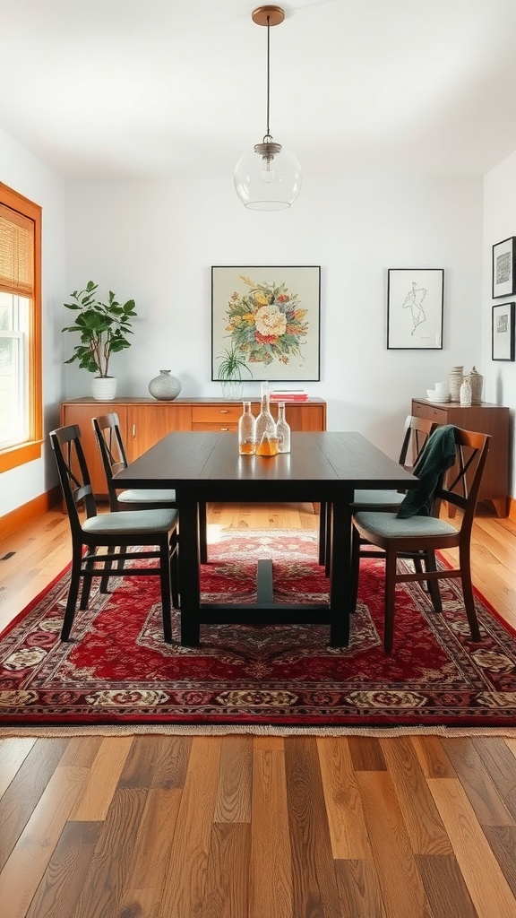 A dining room featuring a black table, wooden chairs, and a red area rug, with decor on the walls and a plant in the corner.