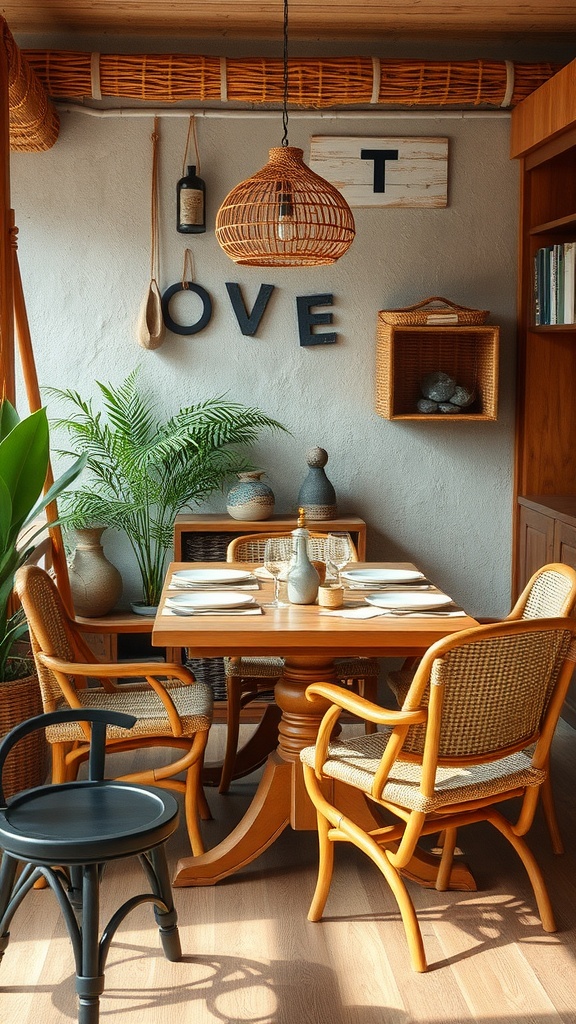 Cozy dining area with wooden furniture and natural decorations