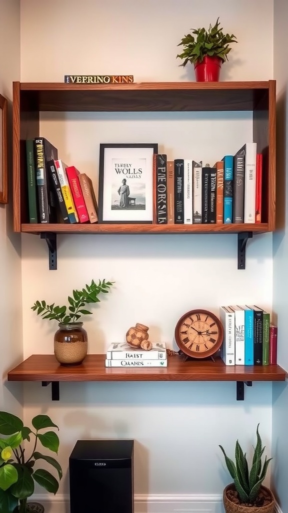 A decorative wall shelf with books, a clock, and plants.