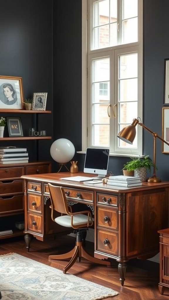 A stylish office with a vintage wooden desk, modern lamp, and decorative elements.