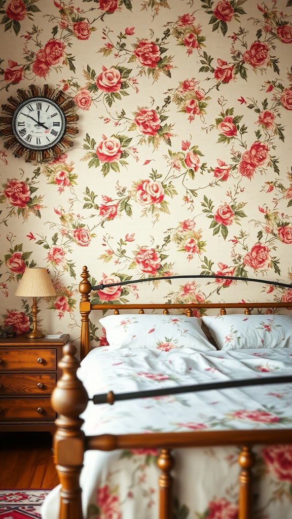 A cozy bedroom featuring vintage floral wallpaper with roses, a wooden bed, and a bedside lamp.