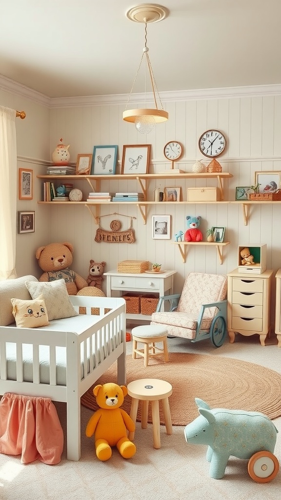 A vintage inspired nursery featuring a crib, rocking chair, soft toys, and decorative items.