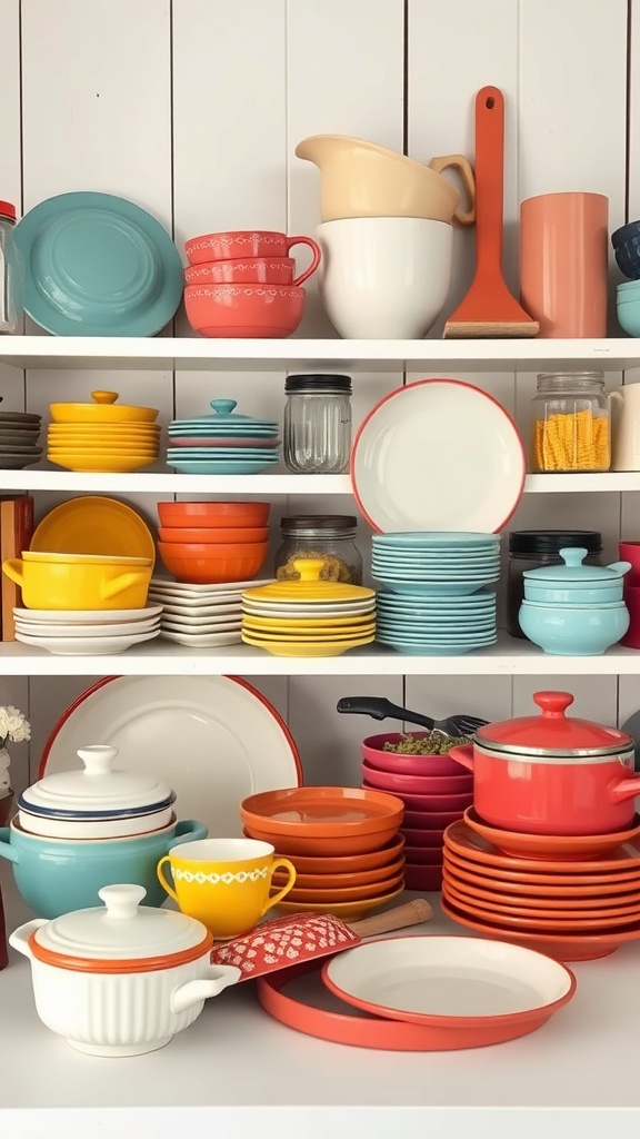 Colorful vintage kitchenware displayed on shelves, featuring bowls, plates, and jars.