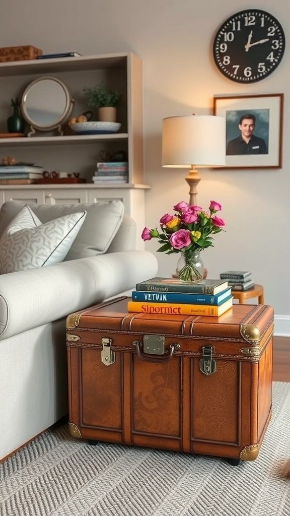 A vintage suitcase used as a table, adorned with books and flowers in a cozy living room setting.