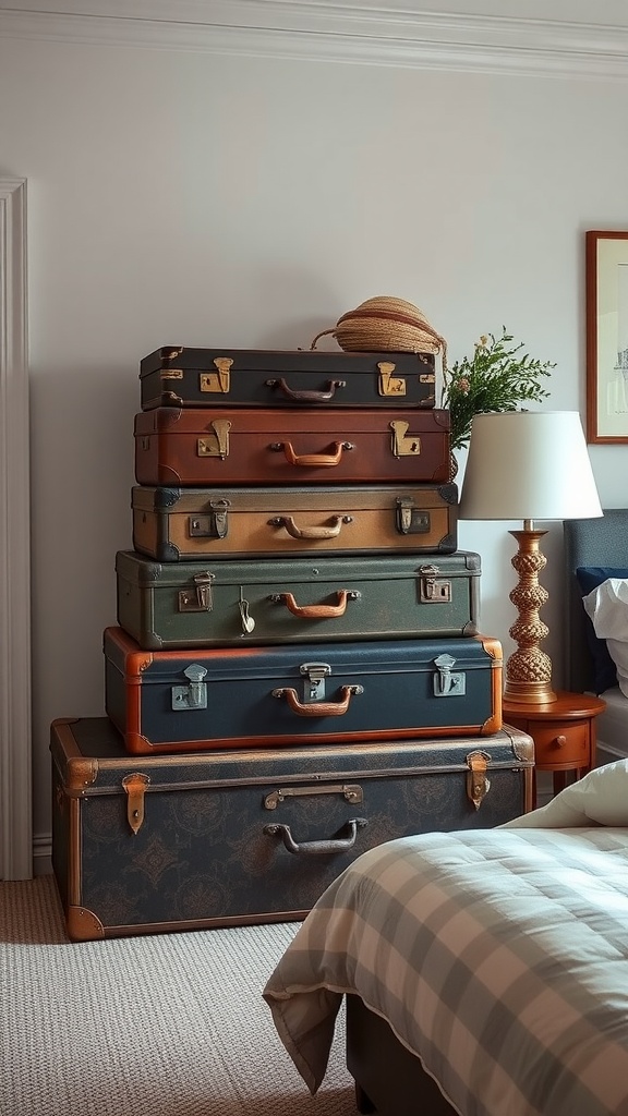 A stack of vintage suitcases in various colors and styles placed beside a bed, adding character and storage to the room.