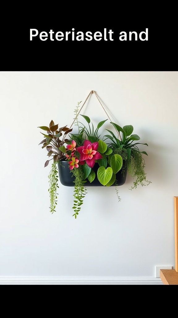 A wall-mounted plant holder filled with vibrant plants, enhancing the decor of the room.