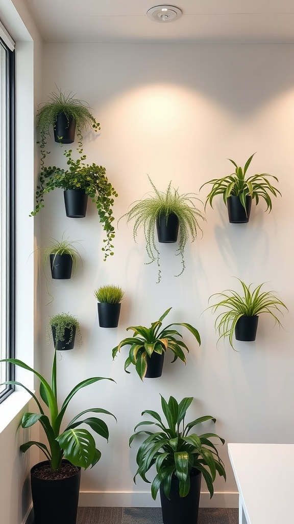 A wall-mounted planter display featuring various green plants in black pots against a white wall.